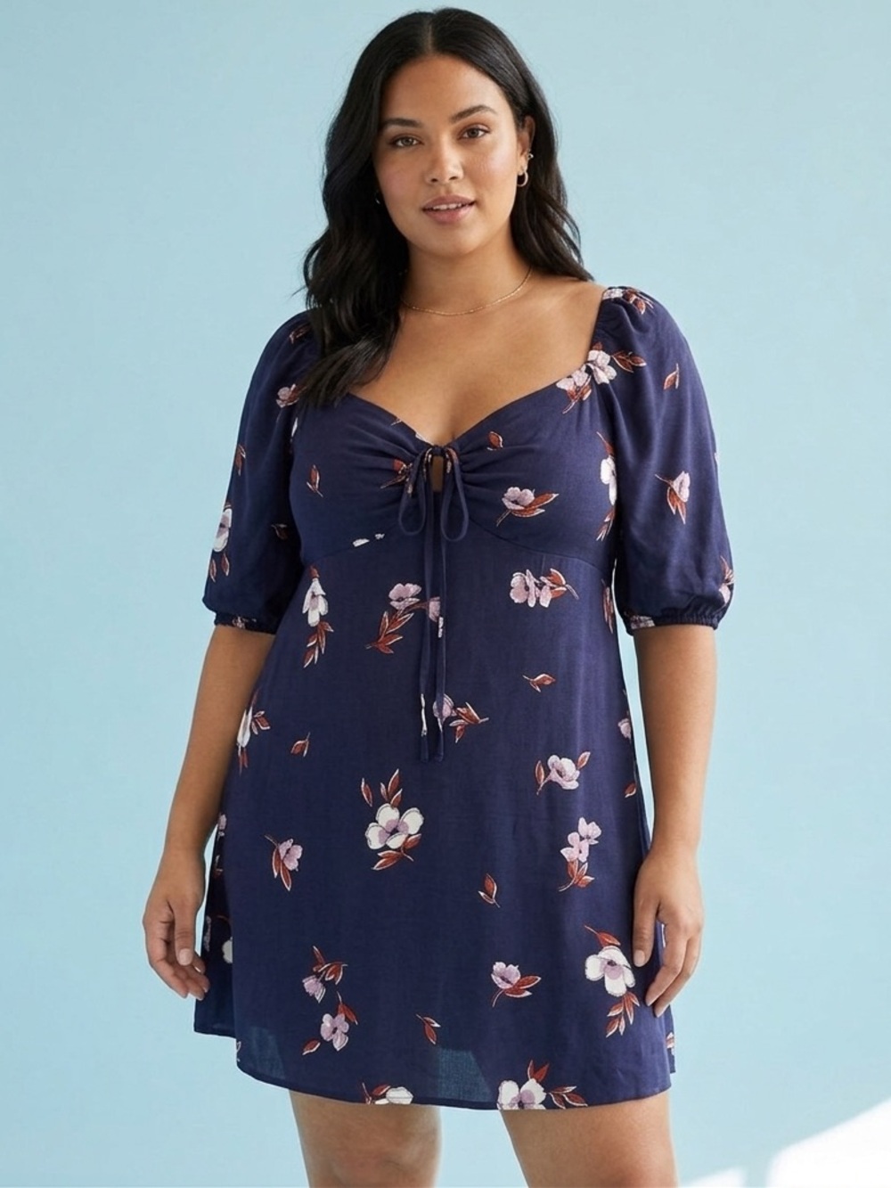 Cottagecore Floral Navy Mini Dress XL Boho Sweetheart Babydoll Peasant NWT